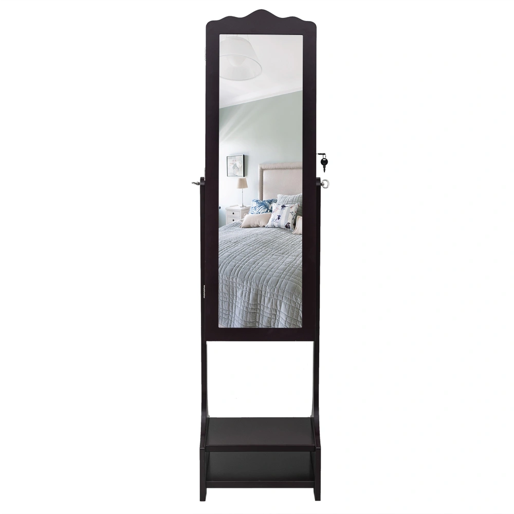 Dark Brown Wooden Floor Standing Jewelry Cabinet - 3 Tier, 2 Drawers, 17 Brush Holders, 95 Warm LED, Mirror view 2