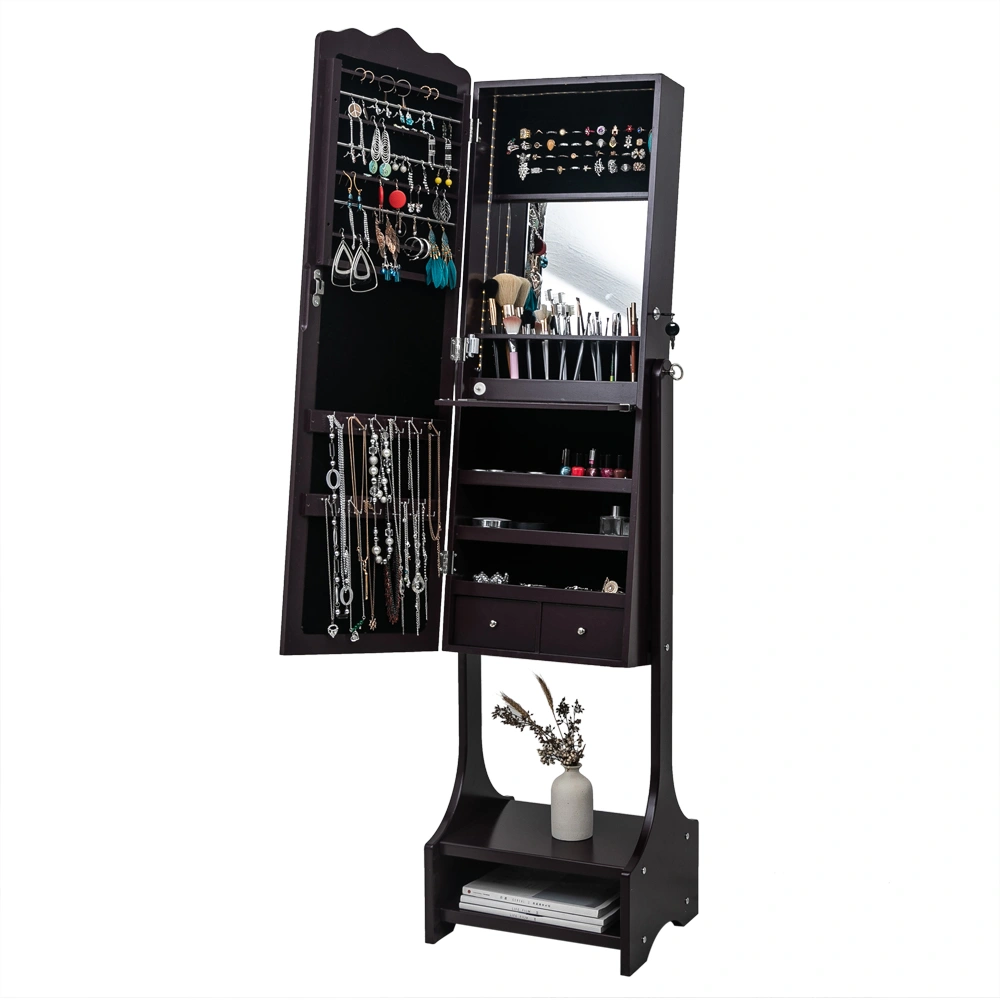 Dark Brown Wooden Floor Standing Jewelry Cabinet - 3 Tier, 2 Drawers, 17 Brush Holders, 95 Warm LED, Mirror view 3