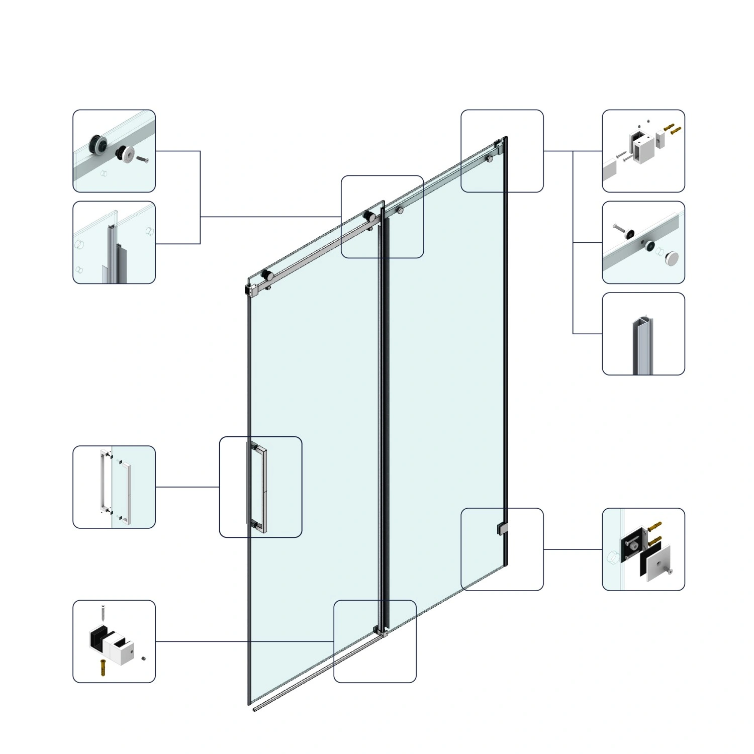 60x76 Inch Fixed Sliding Shower Door, Square Tube Handle, 3/8 10mm Tempered Glass, Stainless Steel Frame, Clear Panel view 8