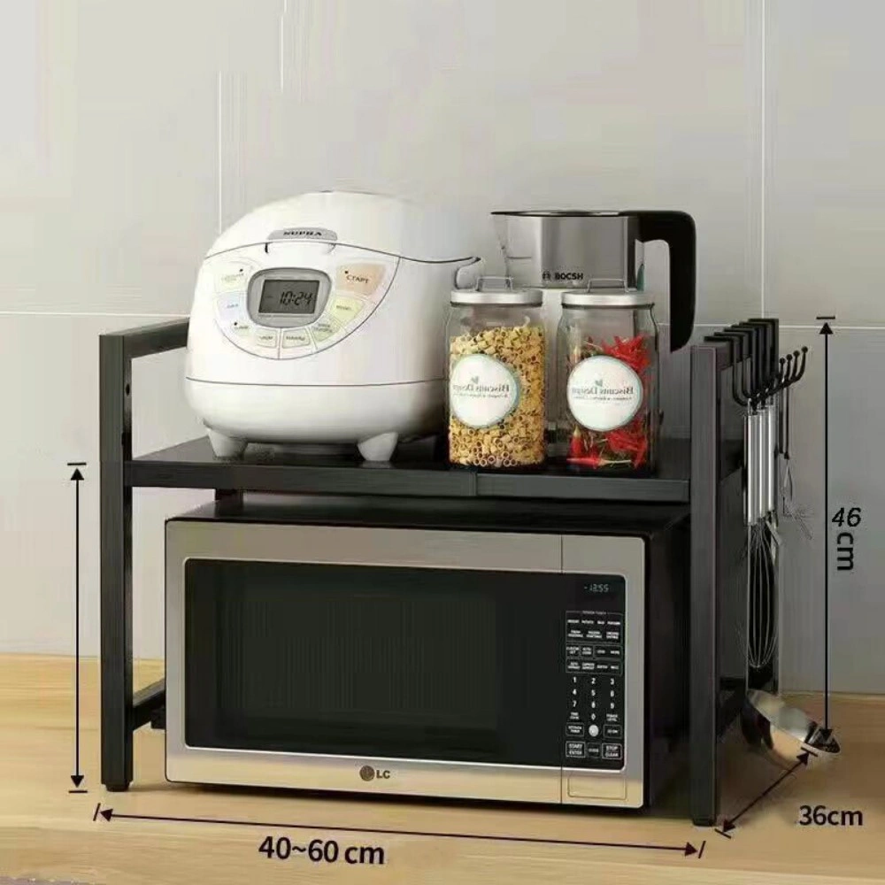 Schwarzes Küchenregal mit 6 Haken & Ausziehbarem Regal, Doppelstange view 4