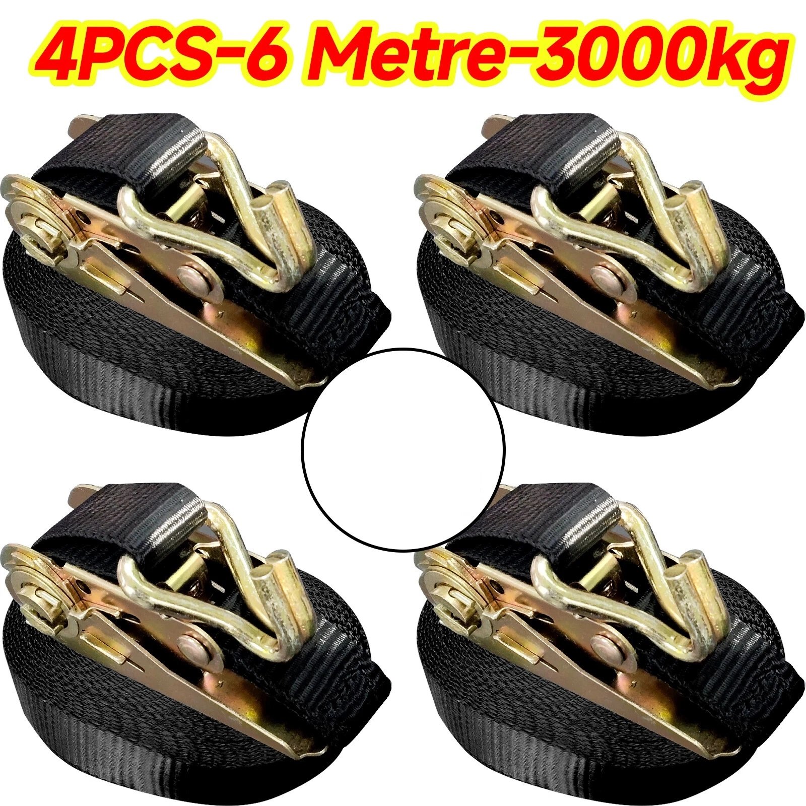 4x Ratchet Straps Tie Down 25mm x 6m Black 3000kg Lashing Endless Loop Straps