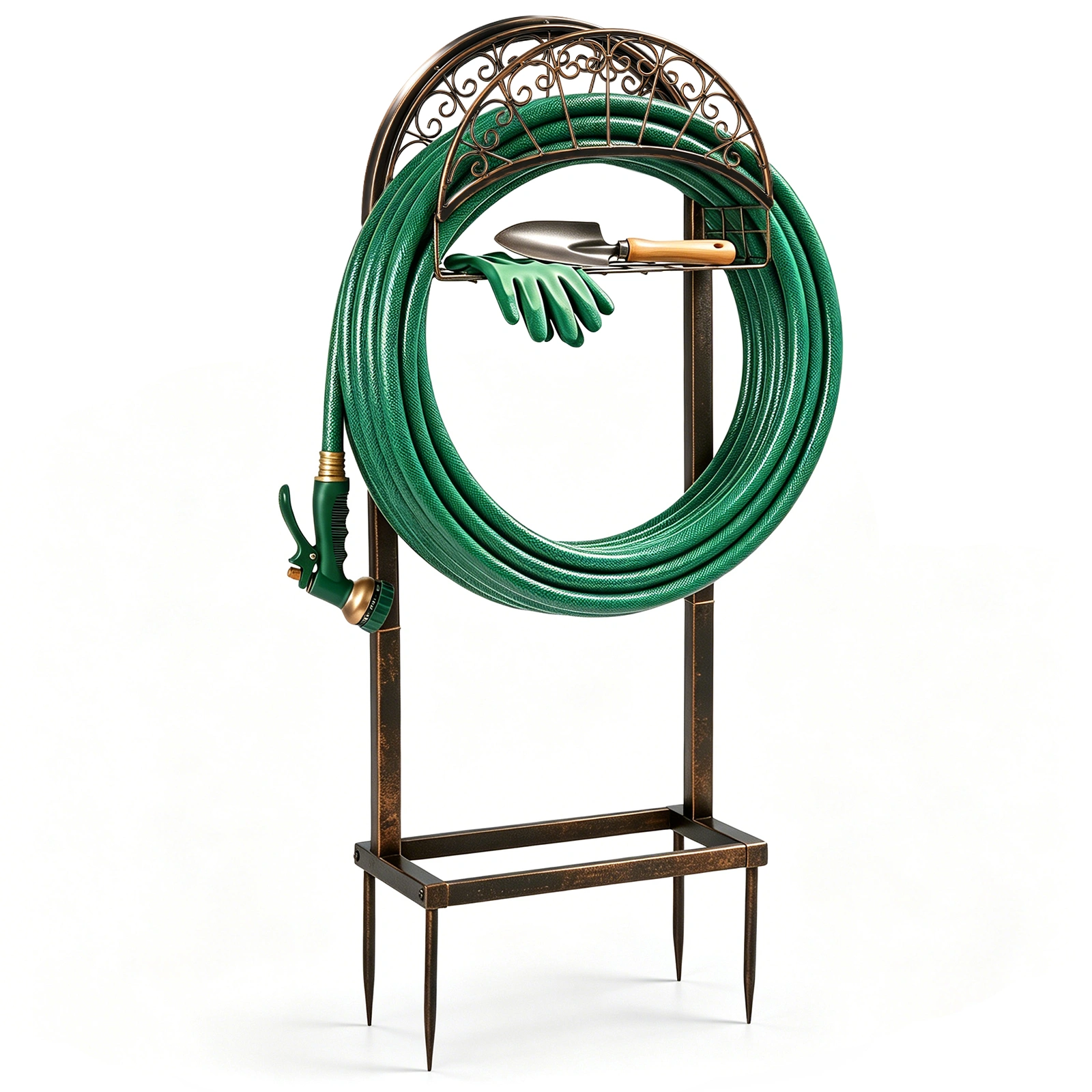 Garden Hose Holder, Water Hose Holder Stand with Storage Basket, Heavy Duty Freestanding Garden Hose Hanger Storage Rack with 4 Spikes for Outside Yard Lawn Farm, Bronze