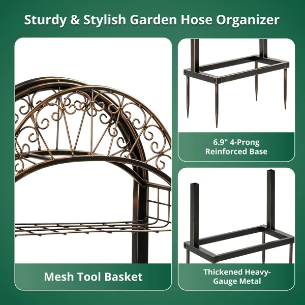 Garden Hose Holder, Water Hose Holder Stand with Storage Basket, Heavy Duty Freestanding Garden Hose Hanger Storage Rack with 4 Spikes for Outside Yard Lawn Farm, Bronze view 2
