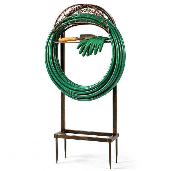Garden Hose Holder, Water Hose Holder Stand with Storage Basket, Heavy Duty Freestanding Garden Hose Hanger Storage Rack with 4 Spikes for Outside Yard Lawn Farm, Bronze view 3