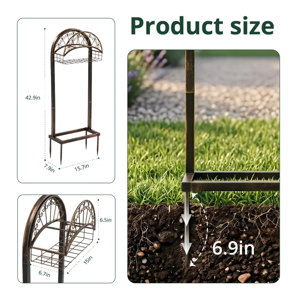 Garden Hose Holder, Water Hose Holder Stand with Storage Basket, Heavy Duty Freestanding Garden Hose Hanger Storage Rack with 4 Spikes for Outside Yard Lawn Farm, Bronze view 5