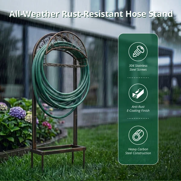 Garden Hose Holder, Water Hose Holder Stand with Storage Basket, Heavy Duty Freestanding Garden Hose Hanger Storage Rack with 4 Spikes for Outside Yard Lawn Farm, Bronze view 6