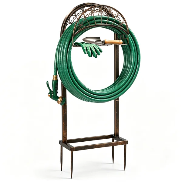 Garden Hose Holder, Water Hose Holder Stand with Storage Basket, Heavy Duty Freestanding Garden Hose Hanger Storage Rack with 4 Spikes for Outside Yard Lawn Farm, Bronze