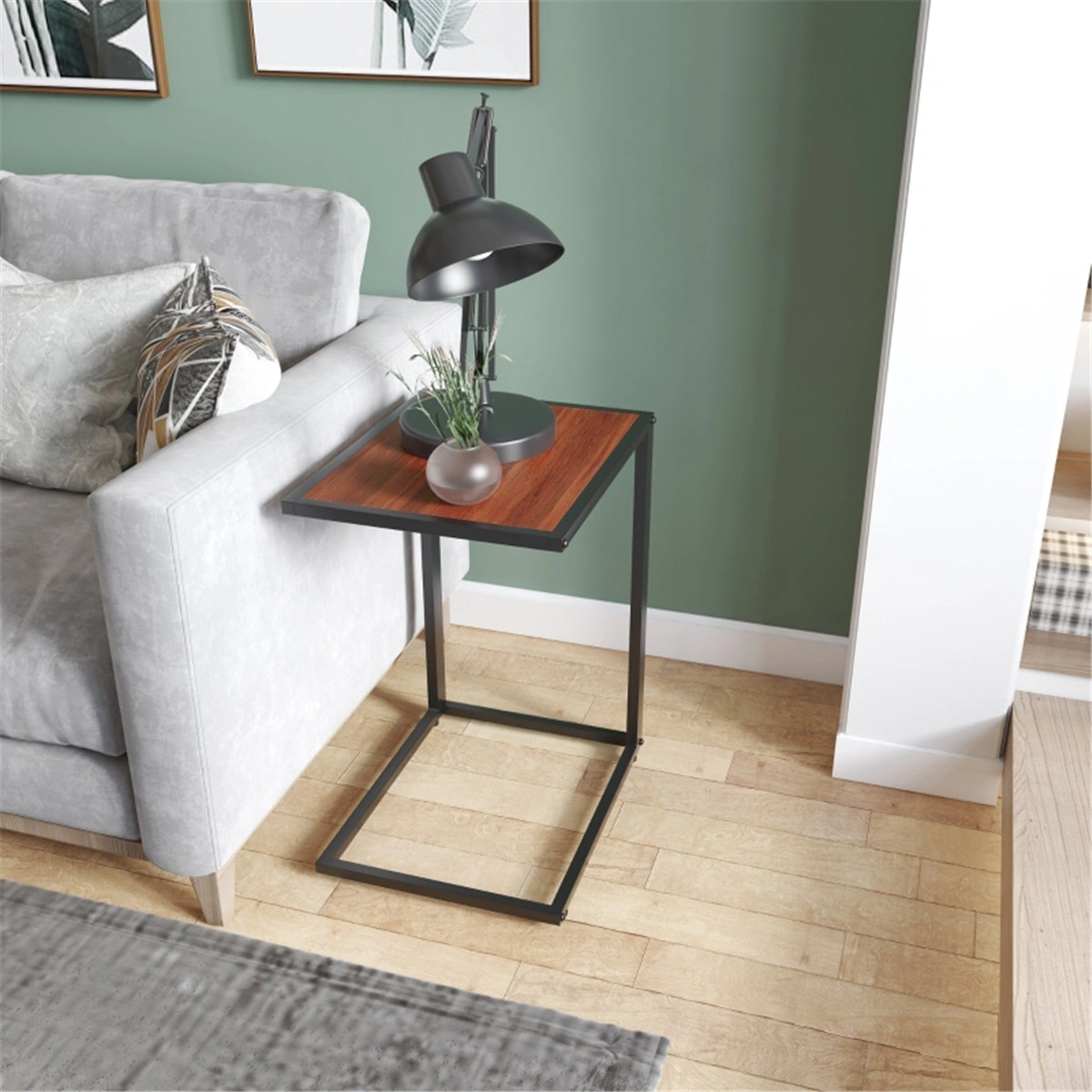 C-Shaped Coffee Table Side Table with Storage Shelf Top, Modern Living Room End Table