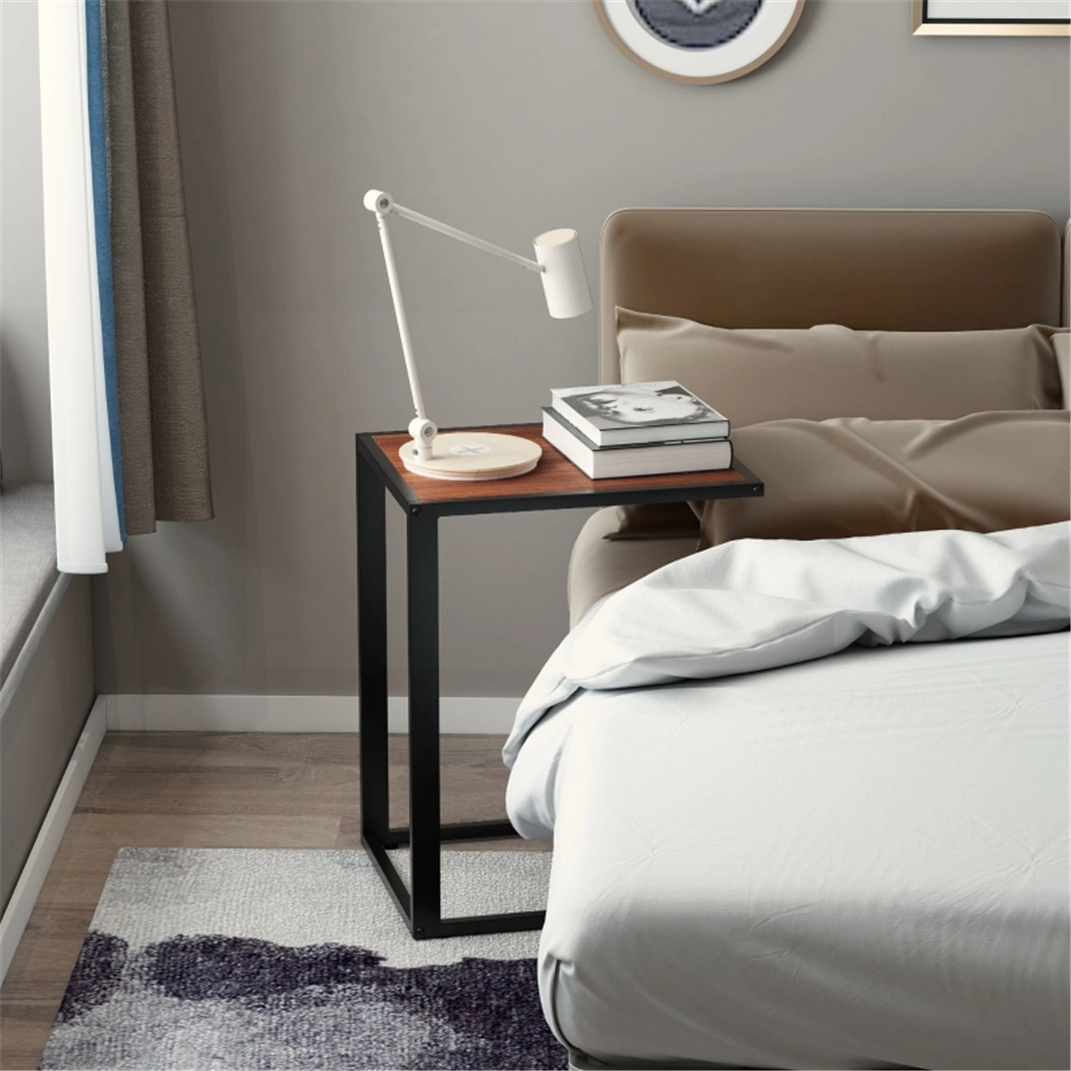 C-Shaped Coffee Table Side Table with Storage Shelf Top, Modern Living Room End Table view 2