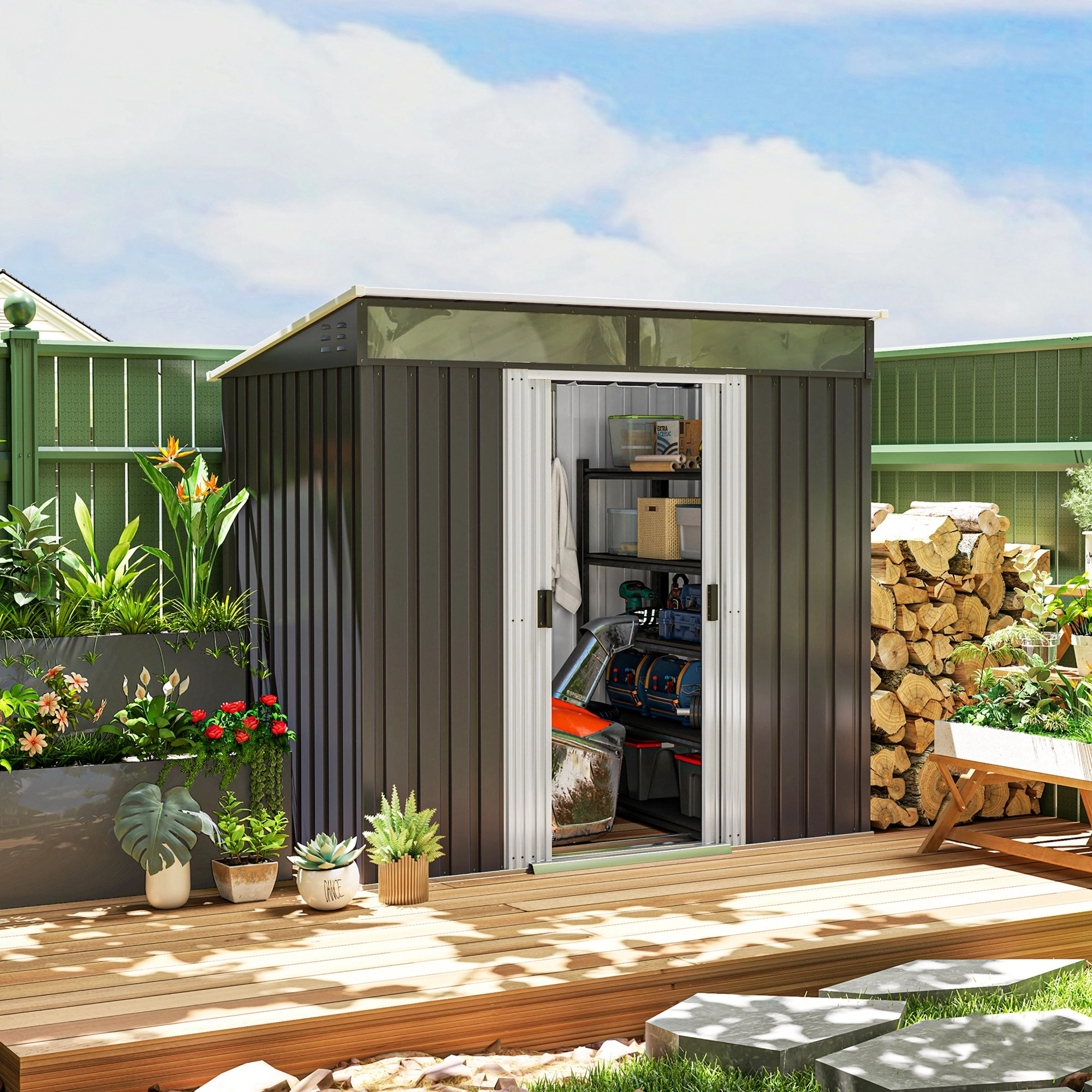 Deluxe Garden Shed 8x6 Large Outdoor Storage House Heavy Duty Roof Rain Resistant Garden Tool Organizer
