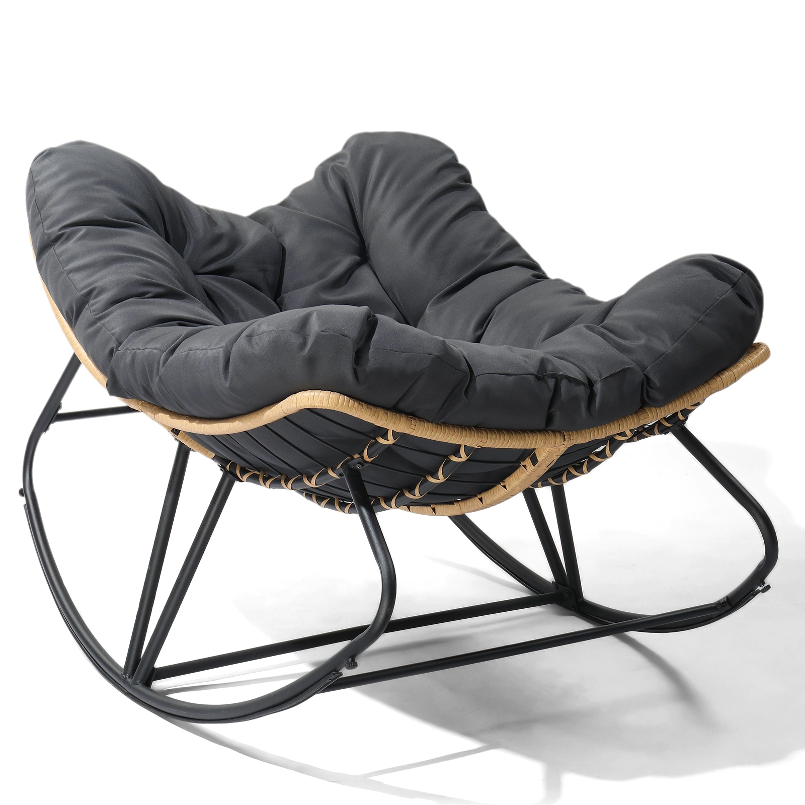 Oversized Rattan Papasan Chair, Outdoor Steel Wicker Rocking Seating with Thick Padded Cushion for Patio, Living Room, Backyard, Porch (Yellow Wicker & Gray Cushion)