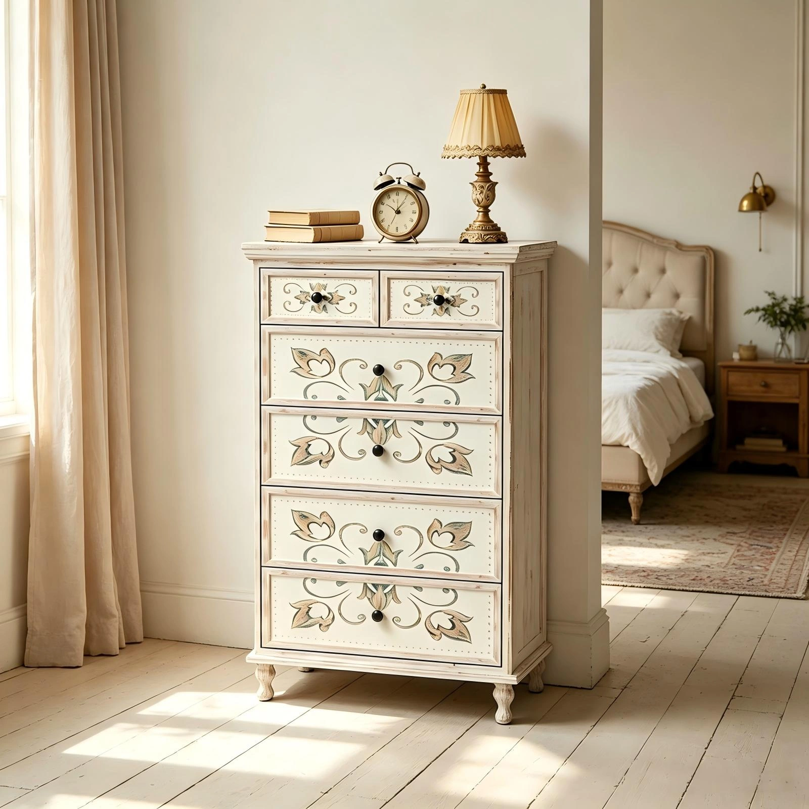 6-Drawer Carved Chest of Drawers - White MDF Storage Cabinet with Solid Wood Legs