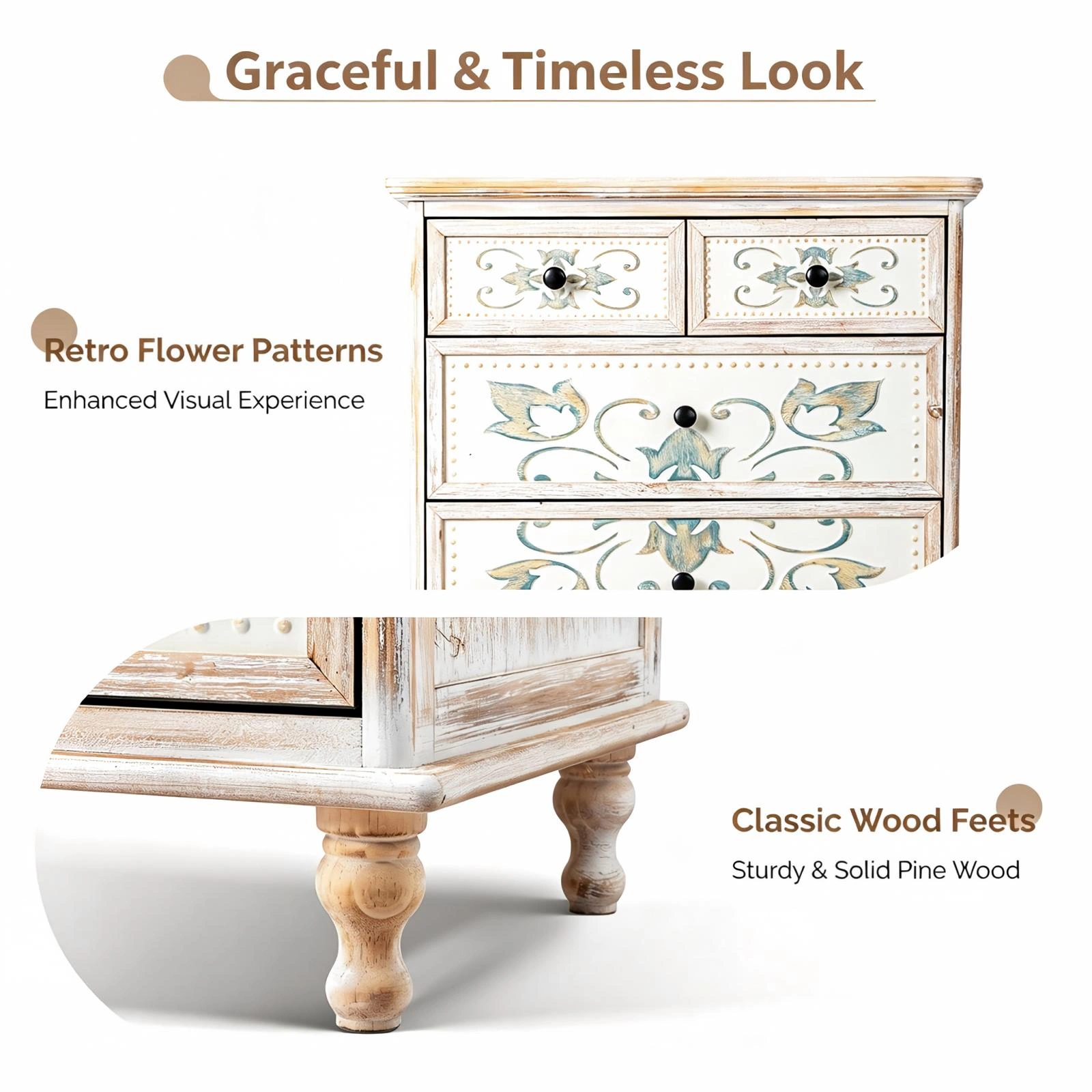 6-Drawer Carved Chest of Drawers - White MDF Storage Cabinet with Solid Wood Legs view 4
