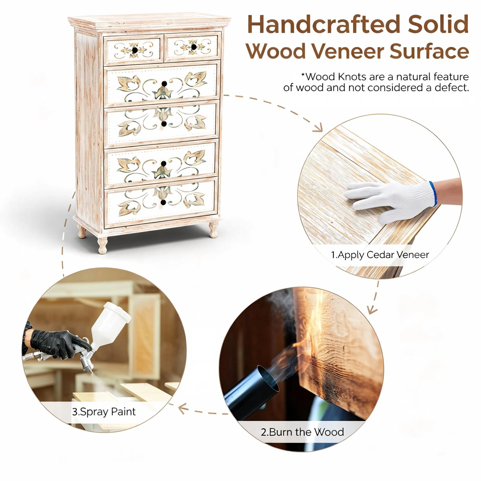 6-Drawer Carved Chest of Drawers - White MDF Storage Cabinet with Solid Wood Legs view 6