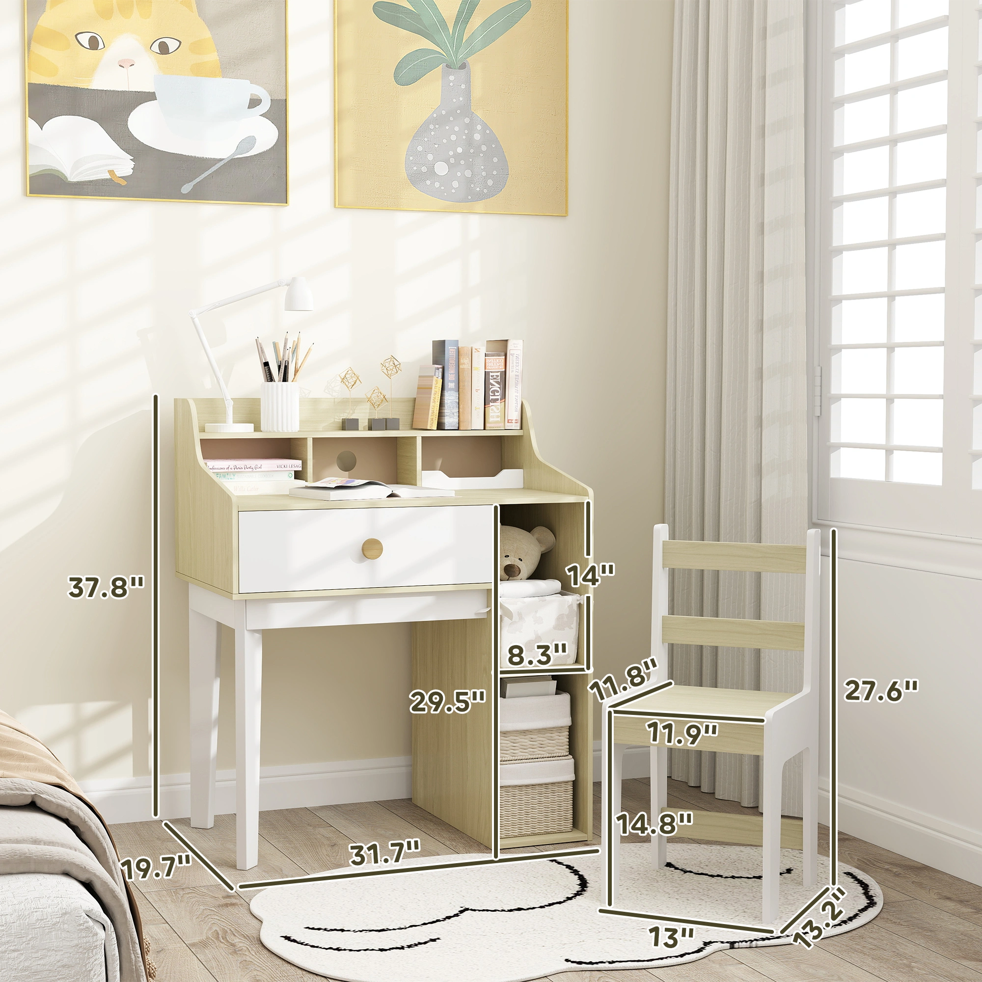 Kids Desk and Chair Set, 28" Adjustable Height Children Writing Table, Compact Study Desk with Storage Organizer, Plastic/Wood, for Ages 2-8 view 2