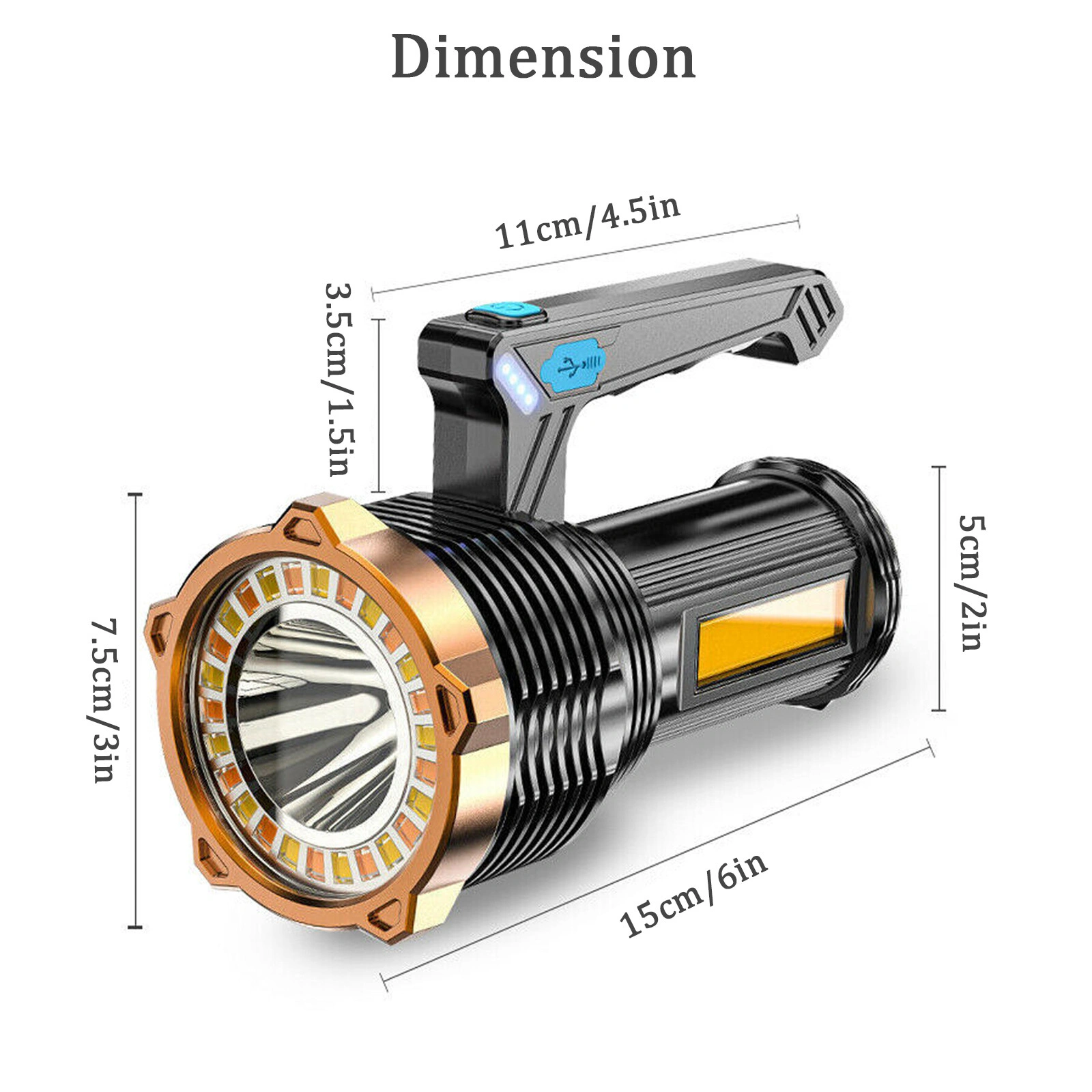 USB Rechargeable LED Flashlight 8 Modes Searchlight Work Light Torch Outdoor Camping view 3