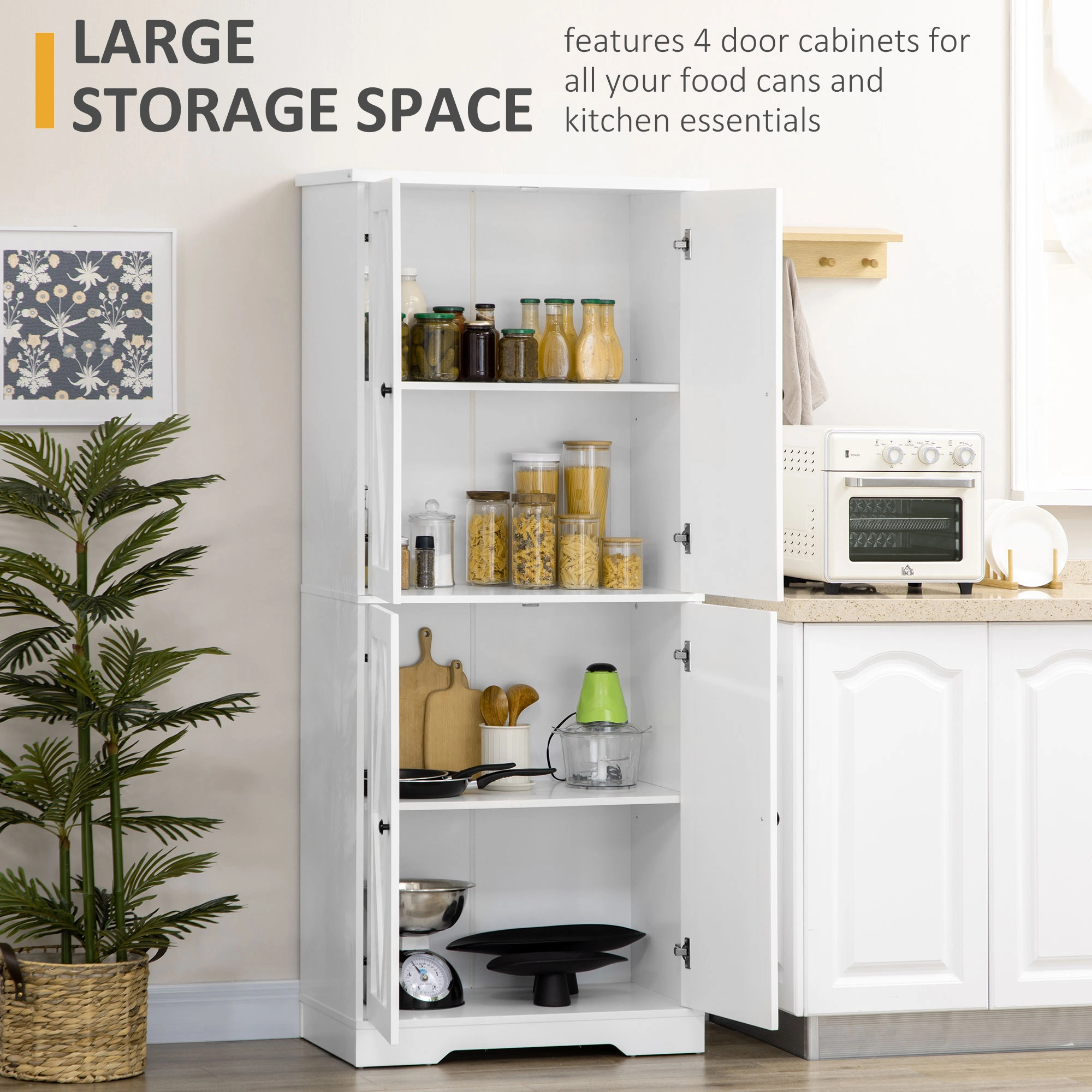 Kitchen Storage Cabinet - 4-Tier Freestanding Pantry Cupboard with Doors for Food view 3