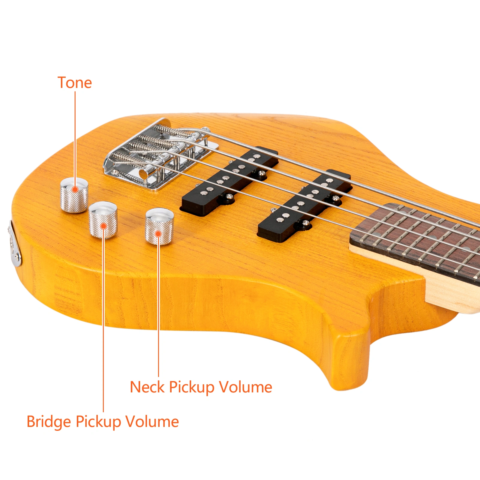 GW101 36in Small Scale Electric Bass Guitar Suit With Mahogany Body SS Pickups, Guitar Bag, Strap, Cable Transparent Yellow view 17