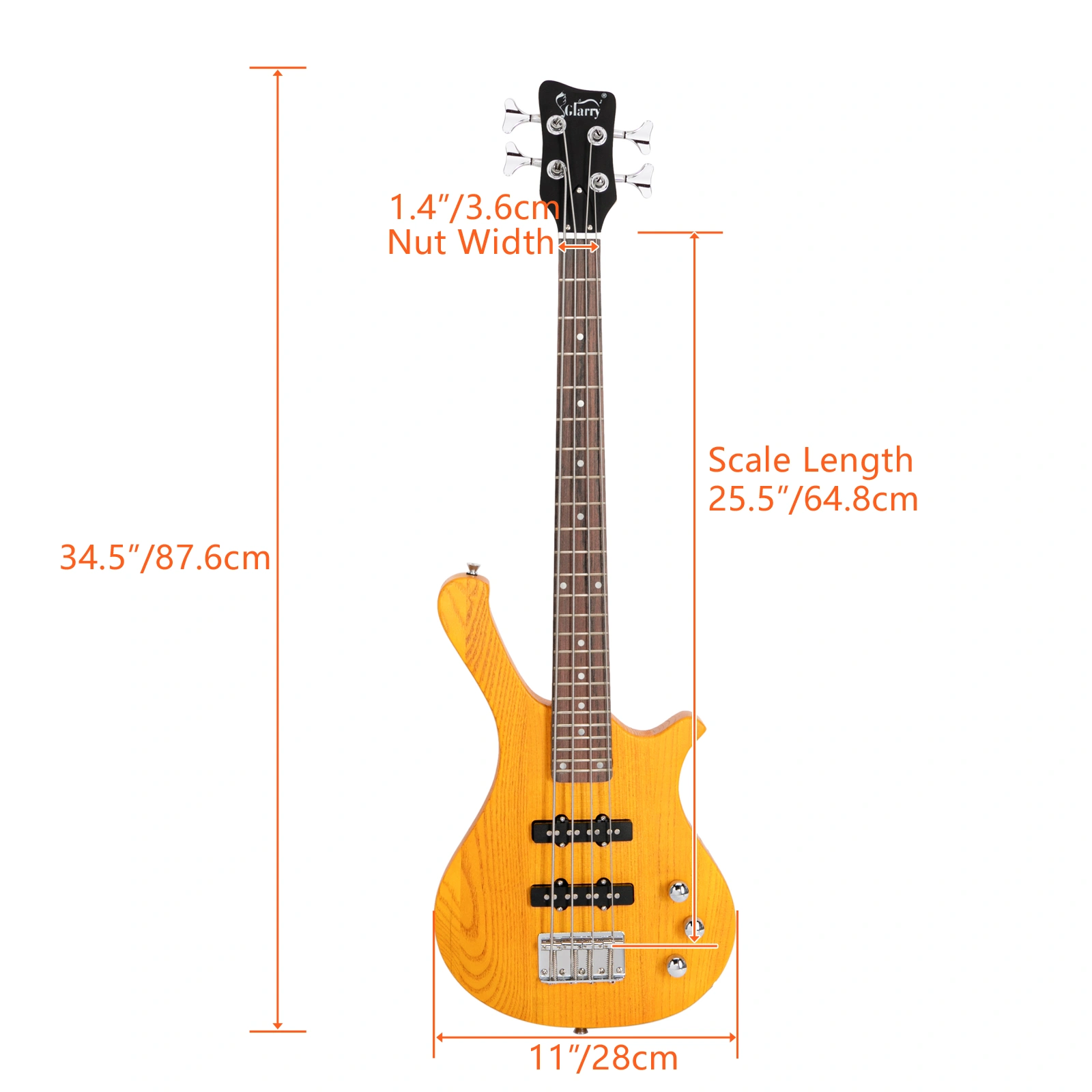 GW101 36in Small Scale Electric Bass Guitar Suit With Mahogany Body SS Pickups, Guitar Bag, Strap, Cable Transparent Yellow view 2
