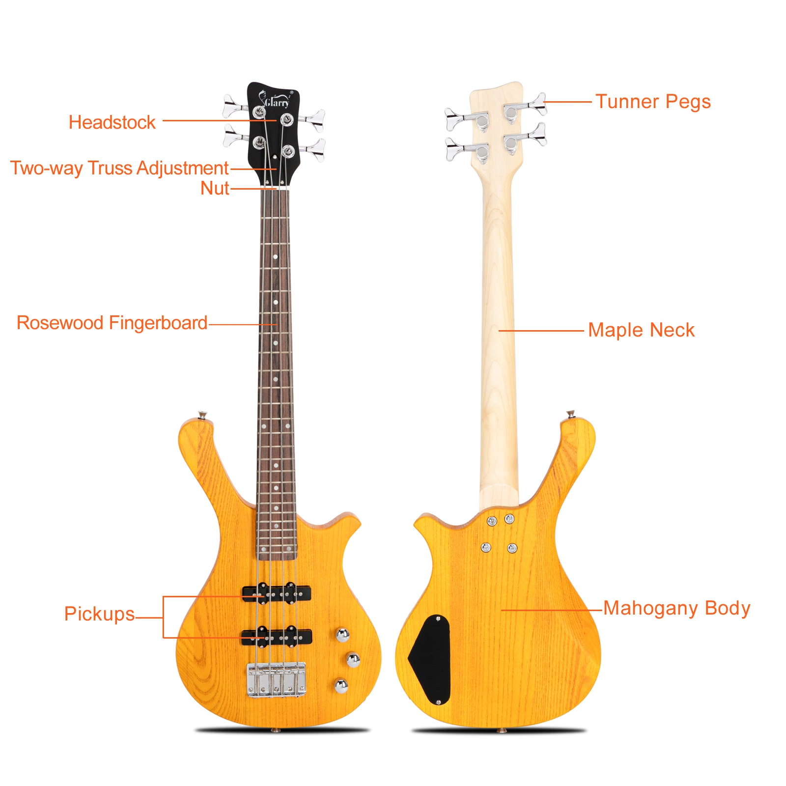 GW101 36in Small Scale Electric Bass Guitar Suit With Mahogany Body SS Pickups, Guitar Bag, Strap, Cable Transparent Yellow view 4