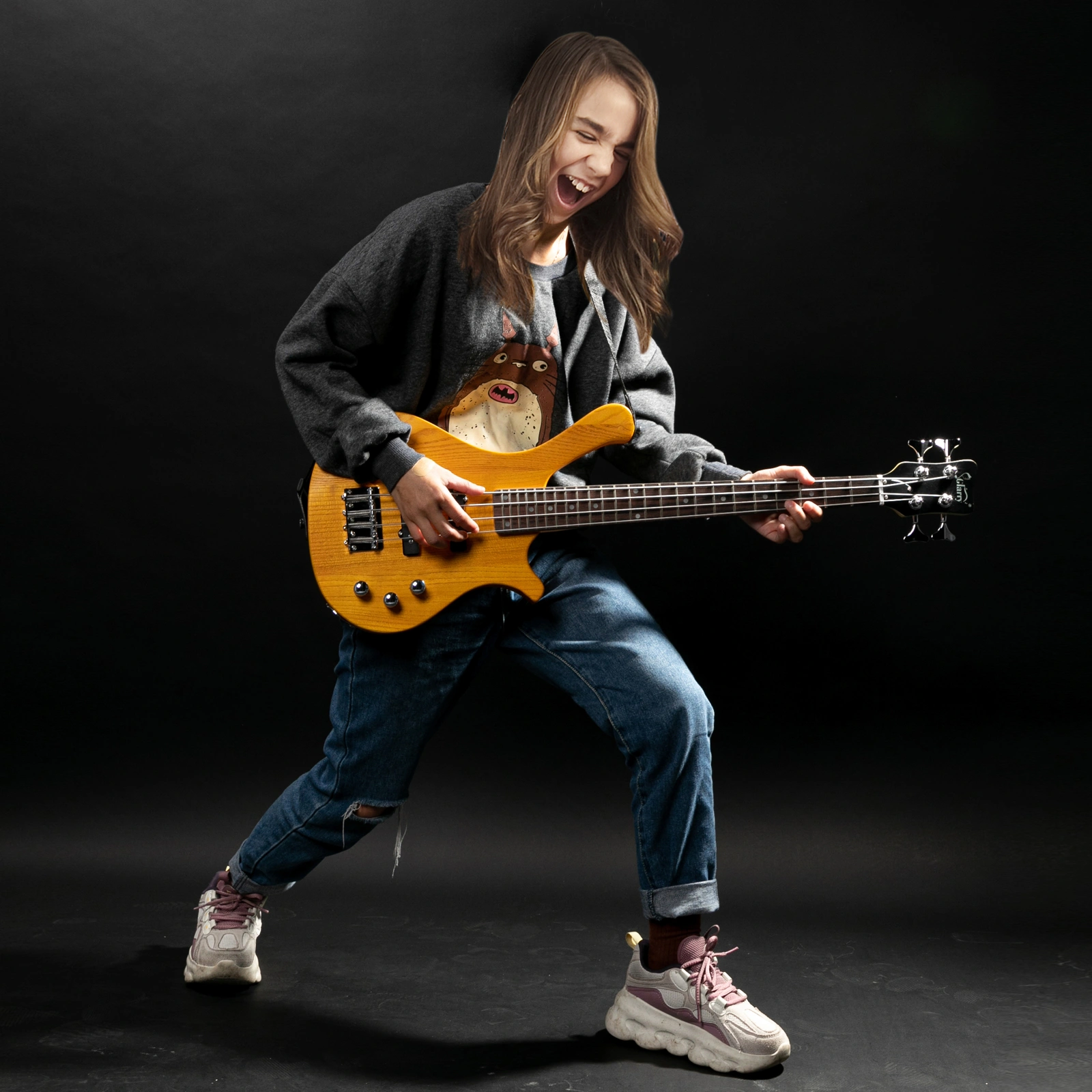 GW101 36in Small Scale Electric Bass Guitar Suit With Mahogany Body SS Pickups, Guitar Bag, Strap, Cable Transparent Yellow view 6