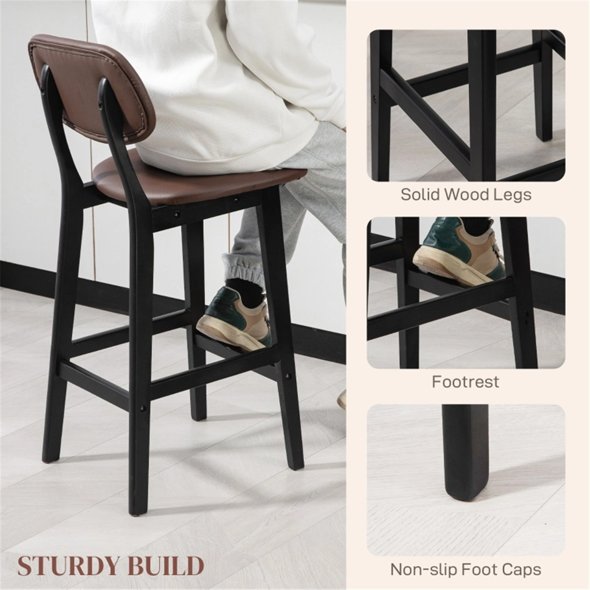 Bar Stools Set of 2, 30" Counter Height Chair, Mid-Century Modern Dining Stool, Brown Leather Seat, Tapered Walnut Legs, Accent Office Chair, Easy Assembly, Kitchen Island Seating view 2