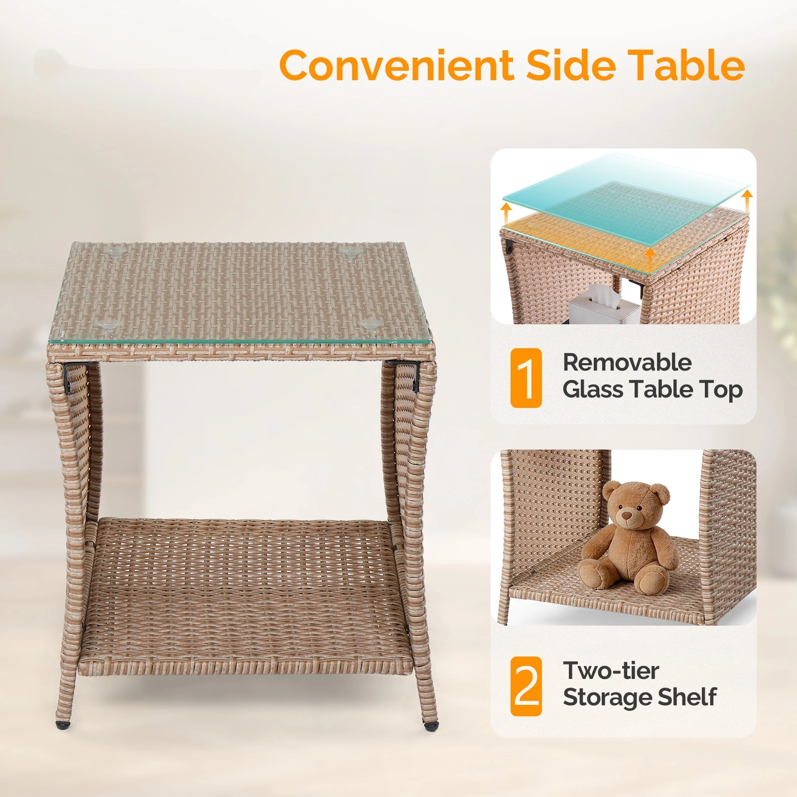 Glass Surface Yellow Gradient Iron Frame Rattan Side Table view 5
