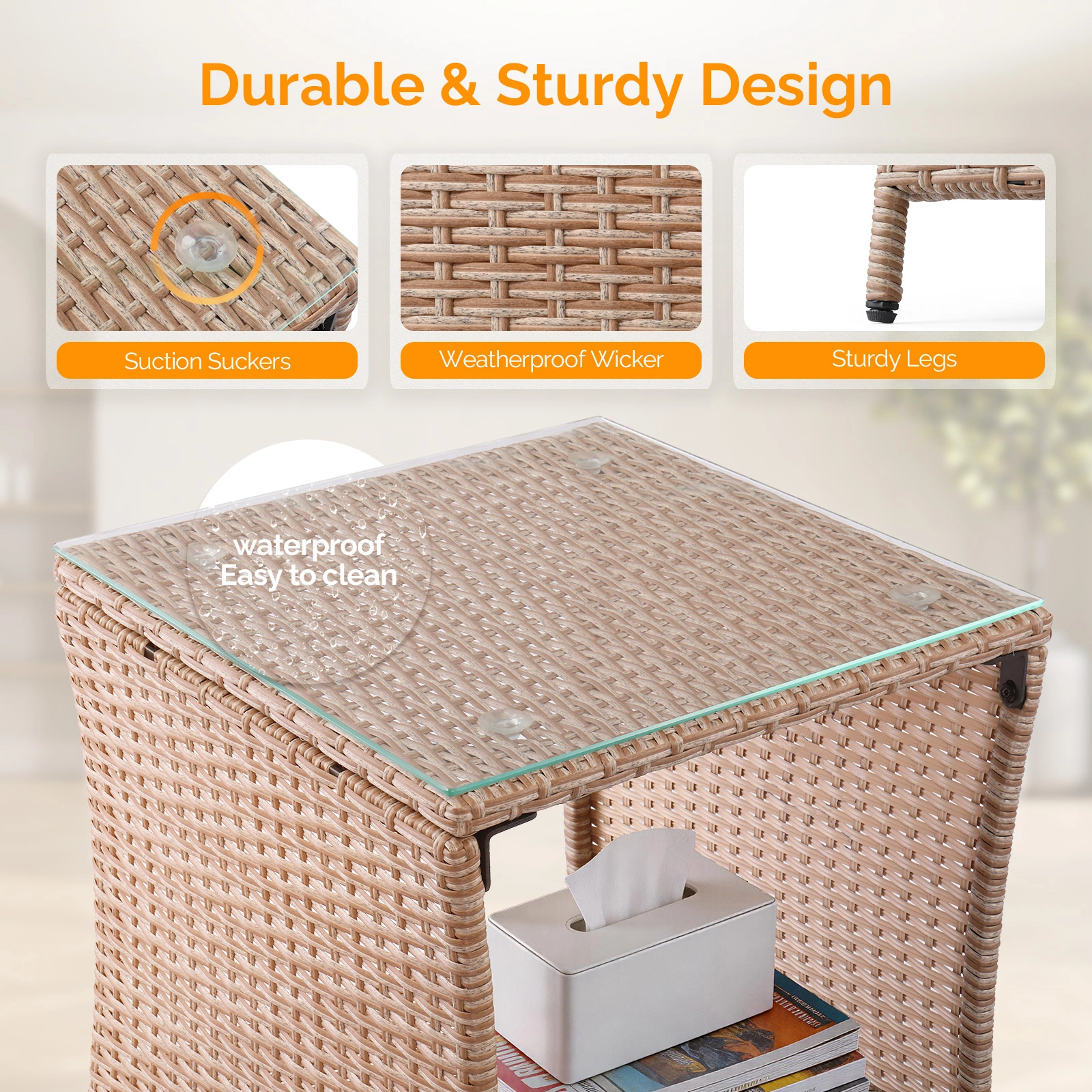 Glass Surface Yellow Gradient Iron Frame Rattan Side Table view 6