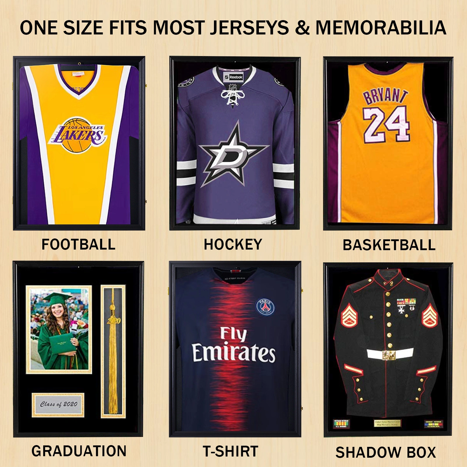 Shirt Display Frame With UV Resistant Acrylic and Hanger, Wall Mounted Baseball Basketball Football Hockey Shirt Display Frame Black view 5