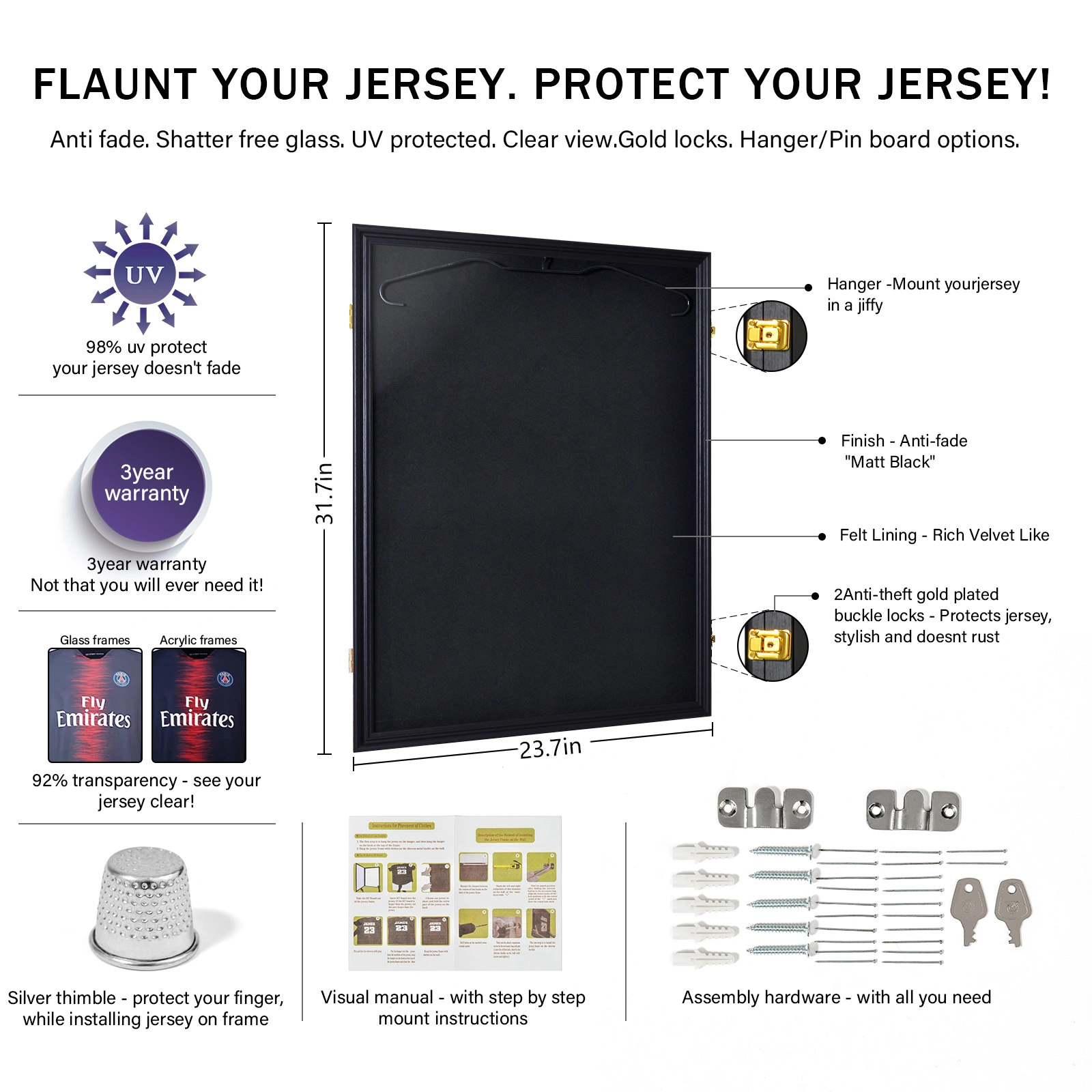 Shirt Display Frame With UV Resistant Acrylic and Hanger, Wall Mounted Baseball Basketball Football Hockey Shirt Display Frame Black view 8