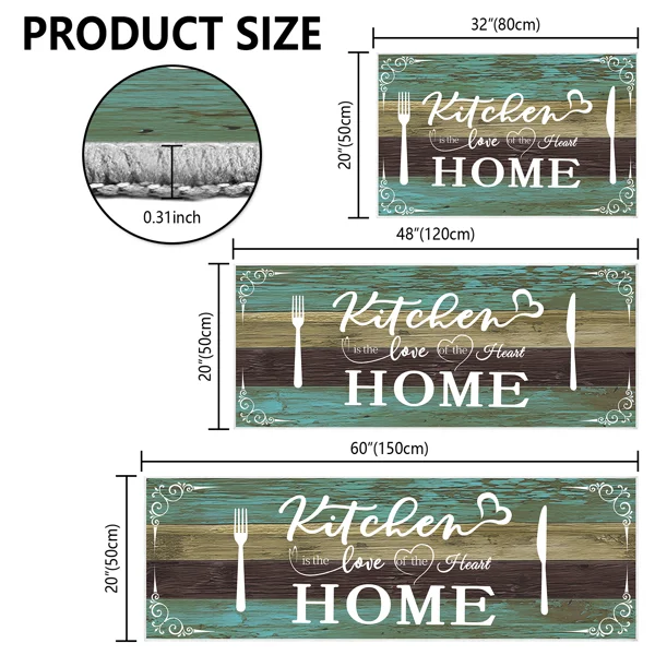 Boho Kitchen Rug Sets 3 Pieces, Washable Kitchen Mats for Floor, Non Slip Soft Kitchen Area Rug Floor Mat for Kitchen, Laundry Room and Hallway (Teal, 20''x32''+20''x48''+20''x60'')