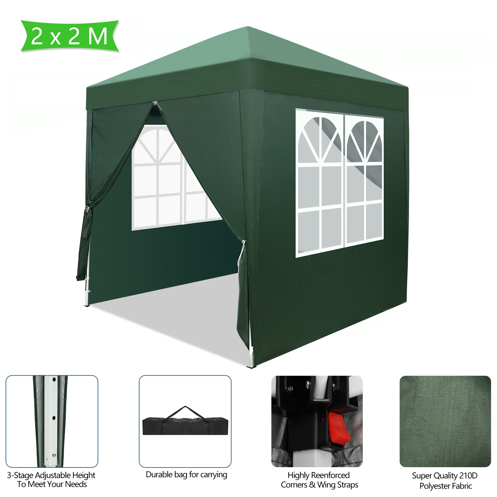 2x2m Green Waterproof Folding Tent, Right-Angle Portable Pop-up Shelter with 2 Doors & 2 Windows for Outdoor Camping view 27