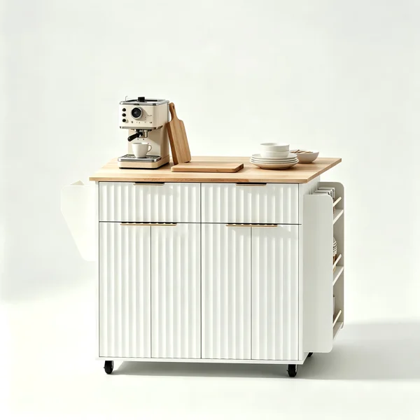 (Do Not Sale on Amazon) 4-Door 2-Drawer Grille Food Cart Champagne Gold Thermoformed Door Panels Bakelite Handles Bakelite Countertop MDF Cabinets and Serving Sideboard 43.07*29.17*32.68in White view 2