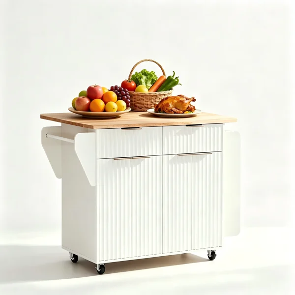 (Do Not Sale on Amazon) 4-Door 2-Drawer Grille Food Cart Champagne Gold Thermoformed Door Panels Bakelite Handles Bakelite Countertop MDF Cabinets and Serving Sideboard 43.07*29.17*32.68in White view 3