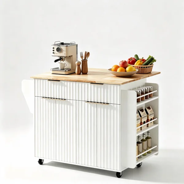 (Do Not Sale on Amazon) 4-Door 2-Drawer Grille Food Cart Champagne Gold Thermoformed Door Panels Bakelite Handles Bakelite Countertop MDF Cabinets and Serving Sideboard 43.07*29.17*32.68in White view 4