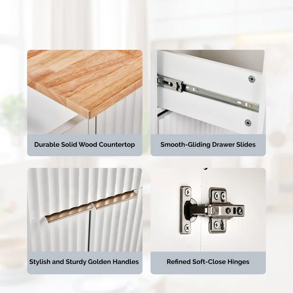 (Do Not Sale on Amazon) 4-Door 2-Drawer Grille Food Cart Champagne Gold Thermoformed Door Panels Bakelite Handles Bakelite Countertop MDF Cabinets and Serving Sideboard 43.07*29.17*32.68in White view 6