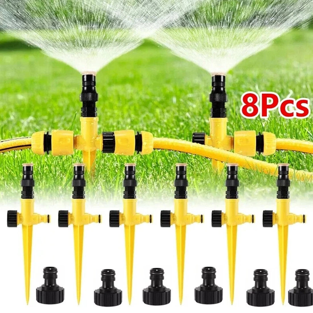 8Pcs 360° Rotary Garden Sprinkler, Automatic Lawn Watering Spike with Hose Connector, Outdoor Grass Sprinkler UK view 2