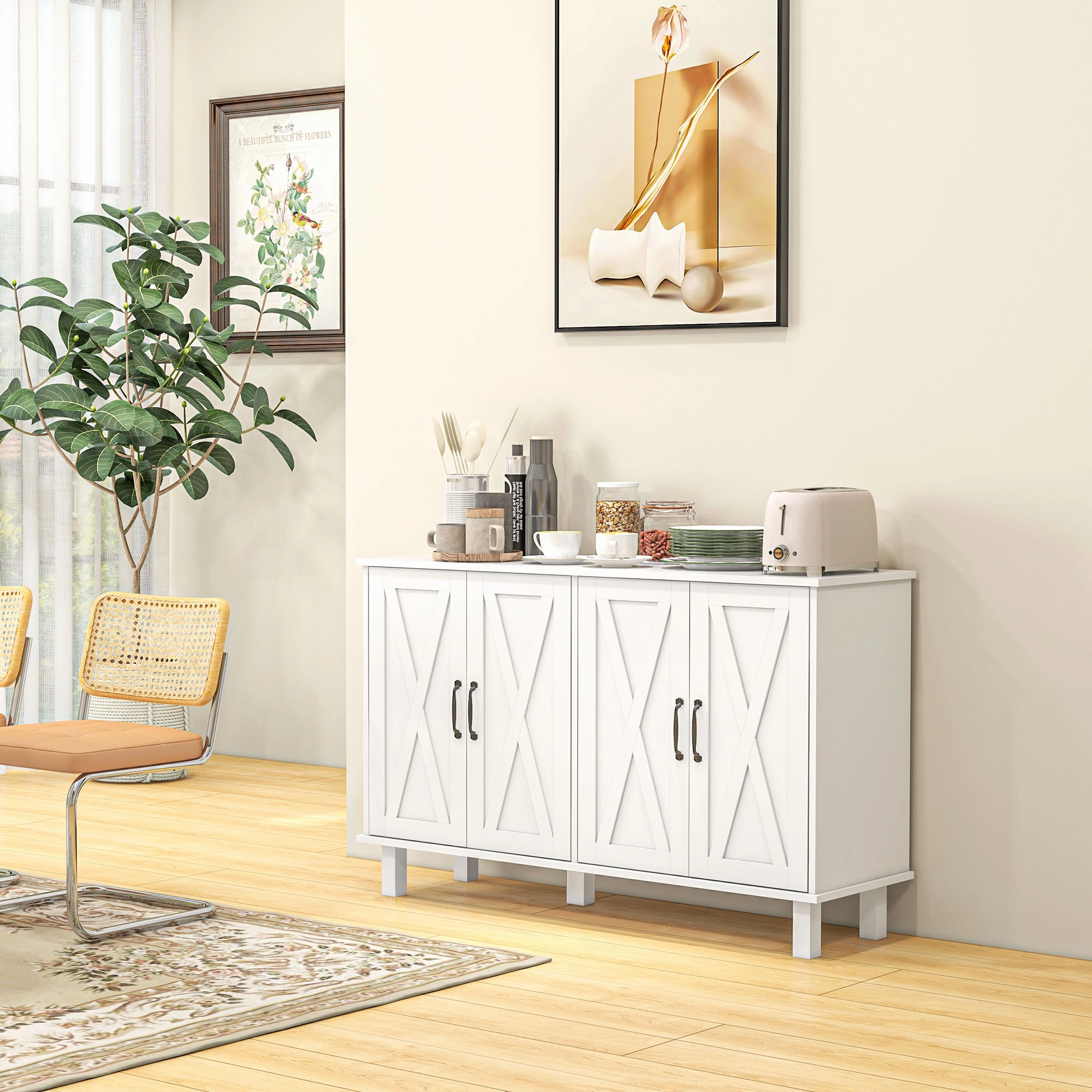 Kitchen Storage Cabinet with Doors, 2-Tier Open Shelves, Modern Organizer for Living Room, Hallway, Entryway, Black