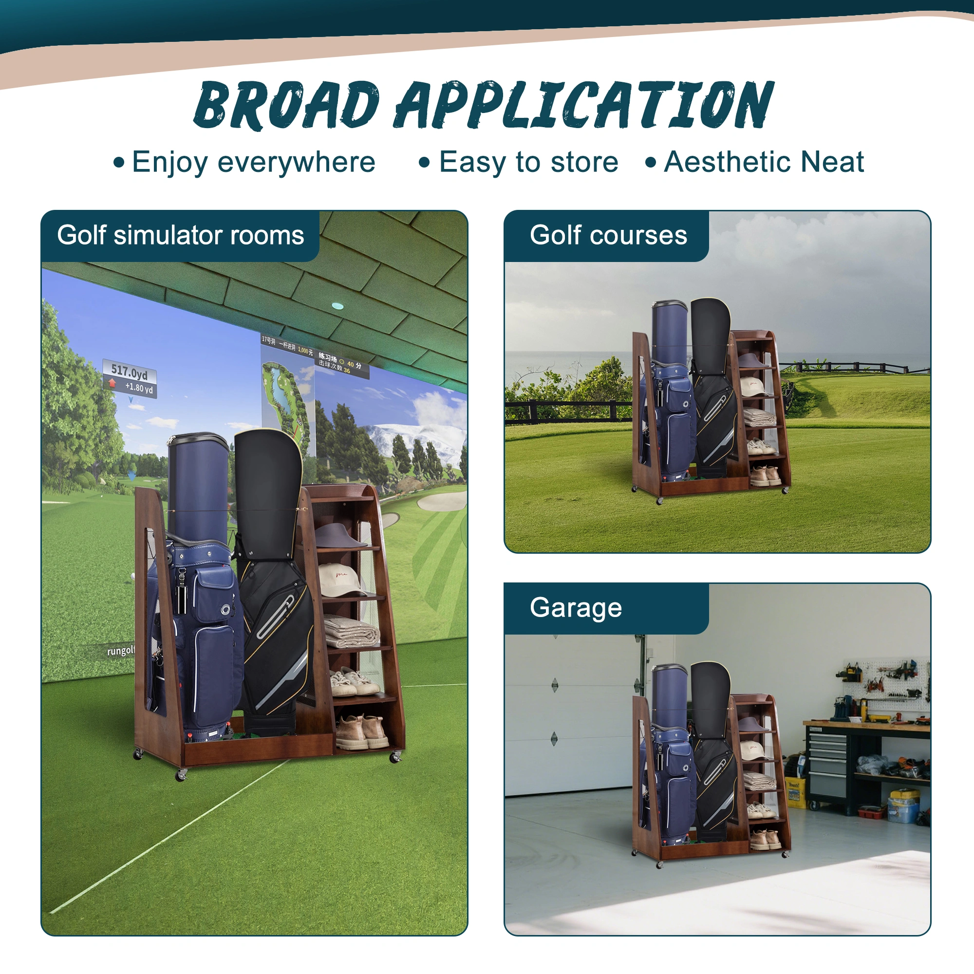 Premium Wooden 2-Bag Golf Organizer Rack in Brown - Heavy-Duty Storage for Garage, Car Trunk, Basement & Club Shed view 4