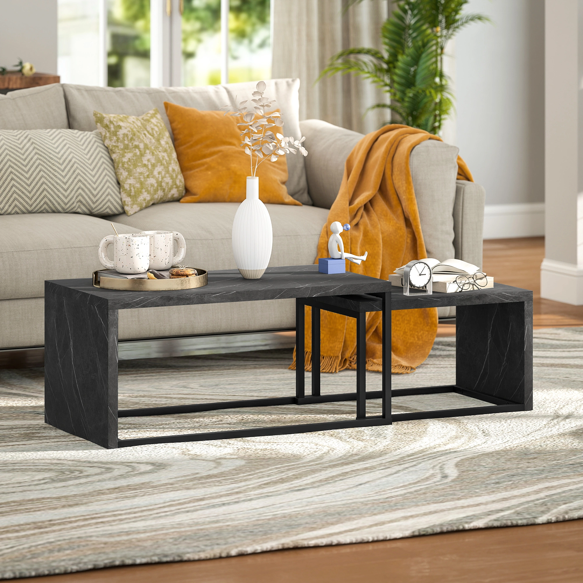 Vintage Rattan Coffee Table with Storage Shelf, Wicker End Table for Living Room, Bedroom
