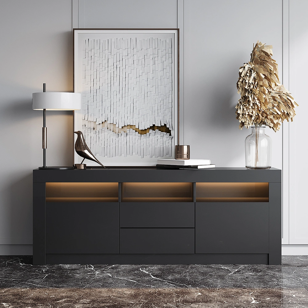 160cm TV Unit Stand Cabinet Sideboard with LED Light, High Gloss Front, All Black Entertainment Centre