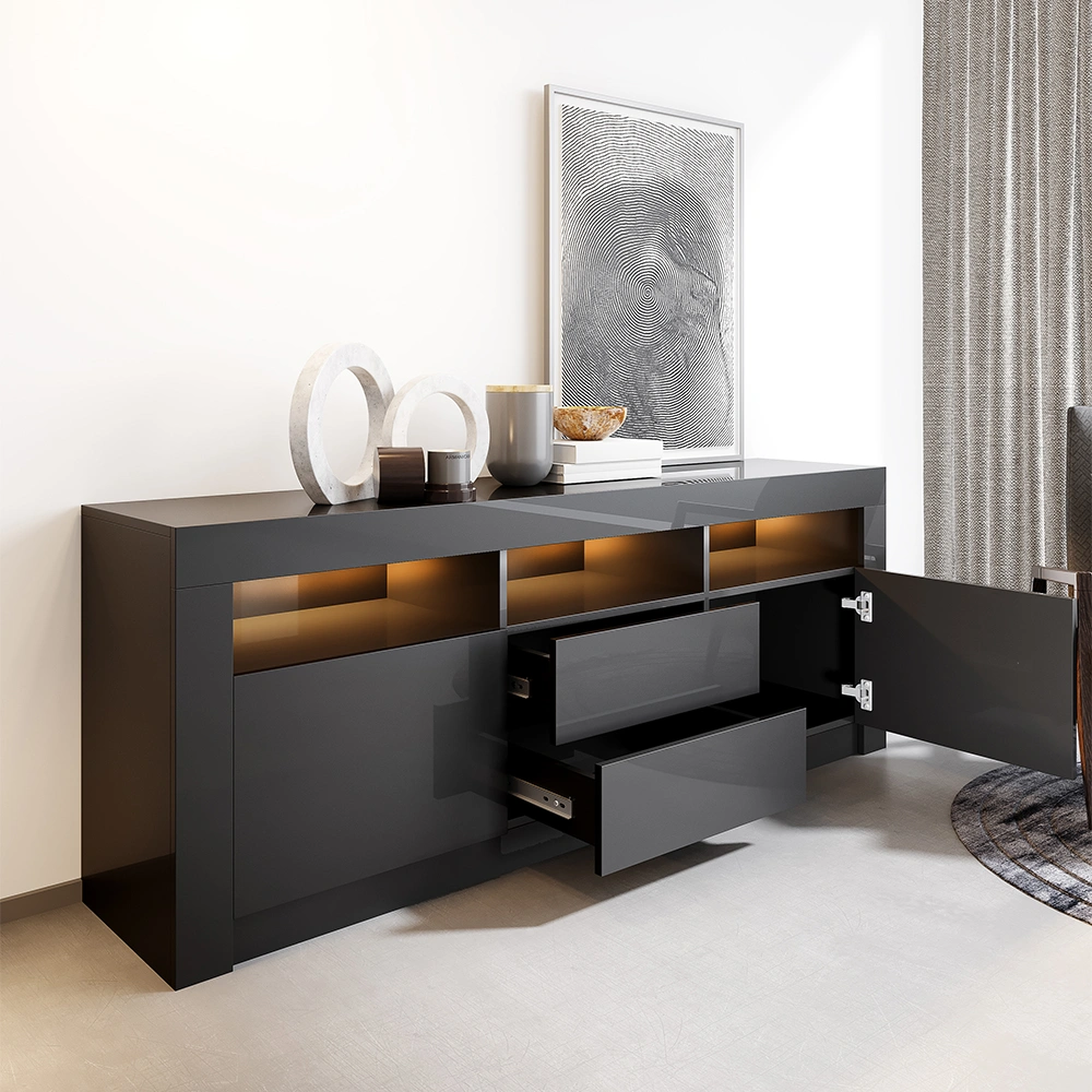 160cm TV Unit Stand Cabinet Sideboard with LED Light, High Gloss Front, All Black Entertainment Centre view 3