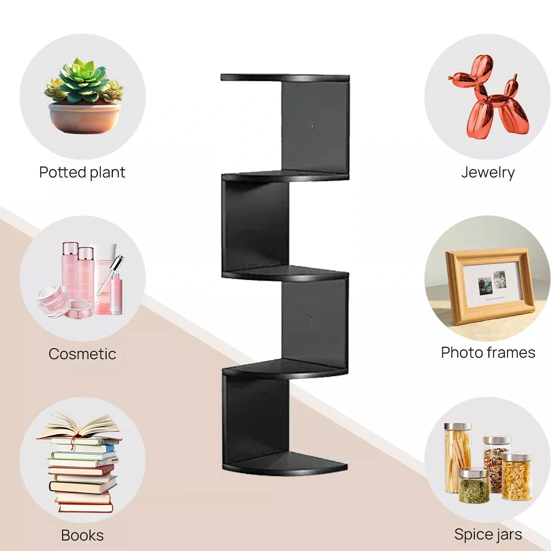 5 Tier Floating Corner Shelves Wooden Wall Mounted Storage Display Shelf Unit UK view 2