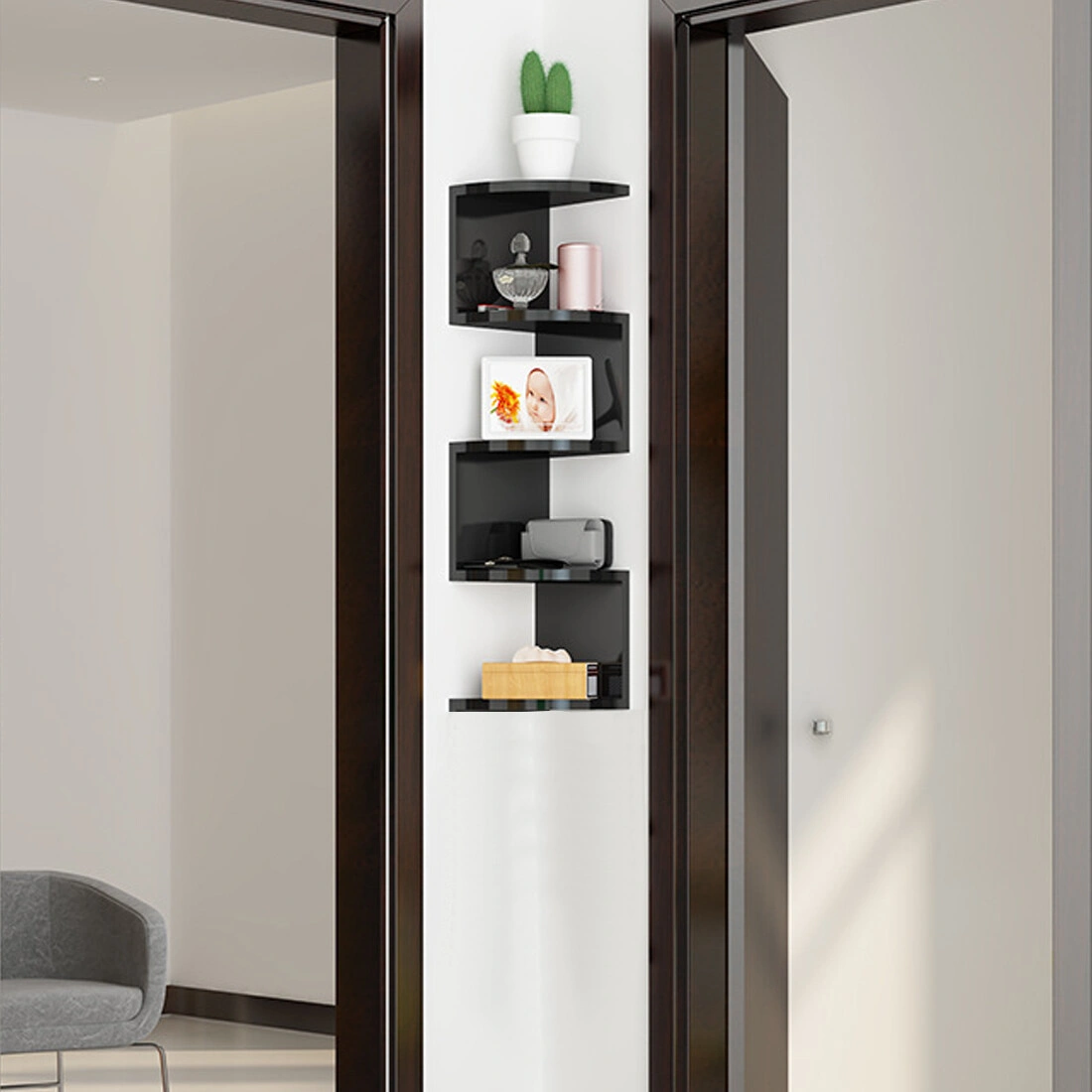 5 Tier Floating Corner Shelves Wooden Wall Mounted Storage Display Shelf Unit UK view 4
