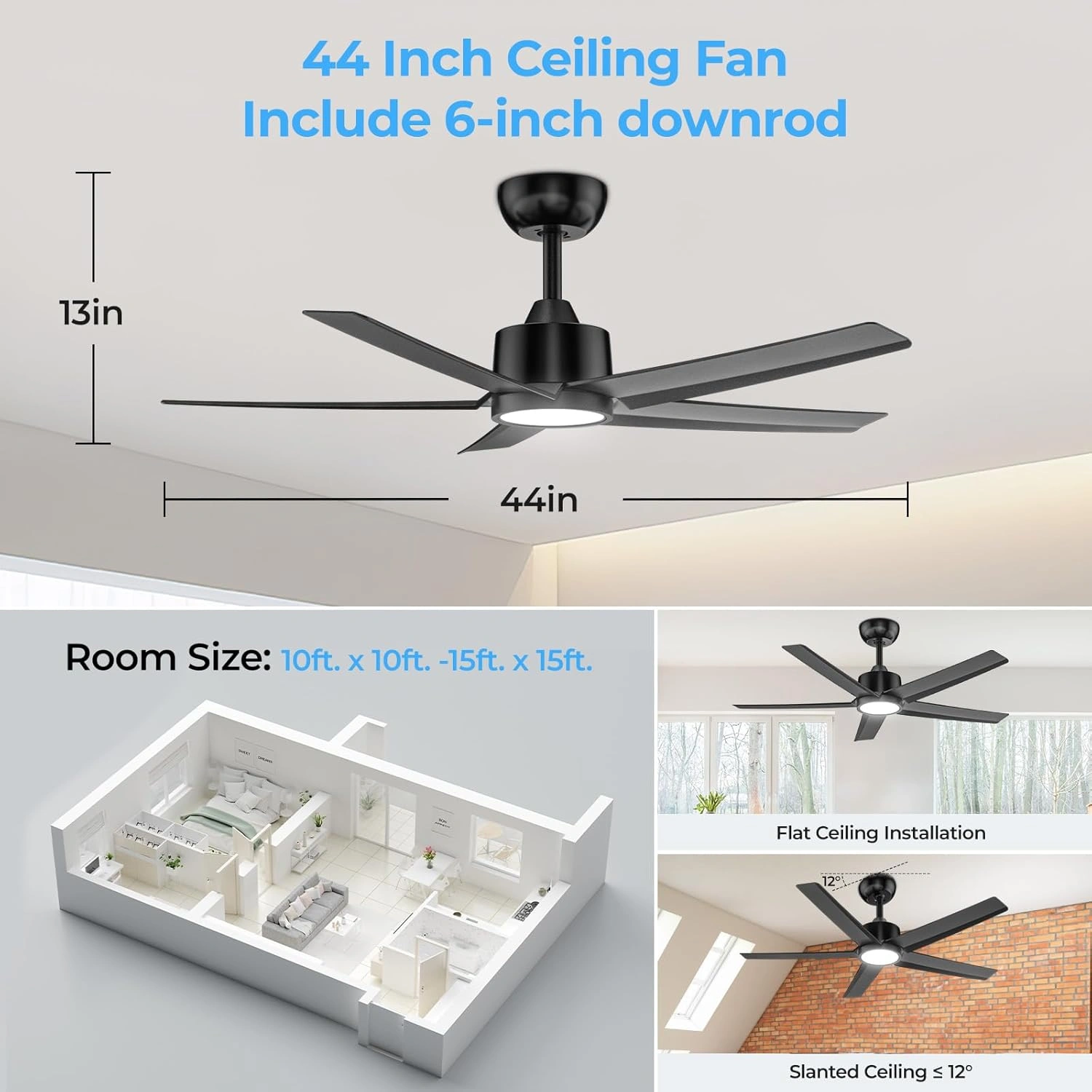 44 inch Ceiling Fans with Lights, Large Air Volume Ceiling Fans with Reversible Quiet DC Motor and Remote, 5D-W5[Unable ship on weekends, TK/TEMU only for pickup, only TX10643 warehouse supports GOFO] view 5