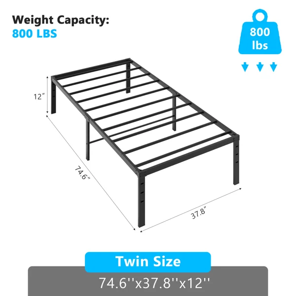 Black Twin Size Simple Basic Platform Metal Bed Frame - 12 Inch Bed Height view 3