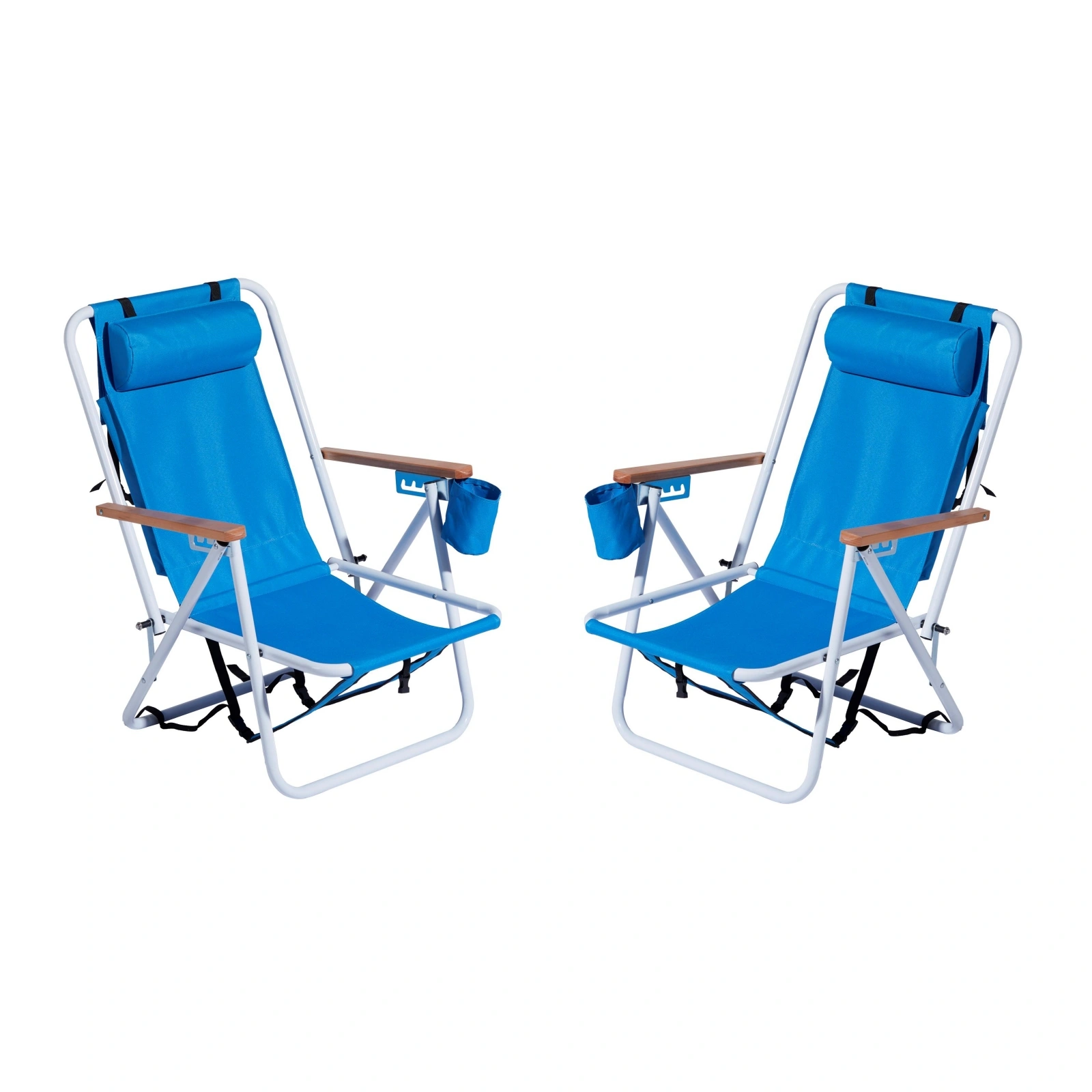 Folding Beach Chair Set of 2 for Adults, 4 Position Portable Backpack Foldable Camping Chair with Headrest Cup Holder and Wooden Armrests, BlueSame as 53764266