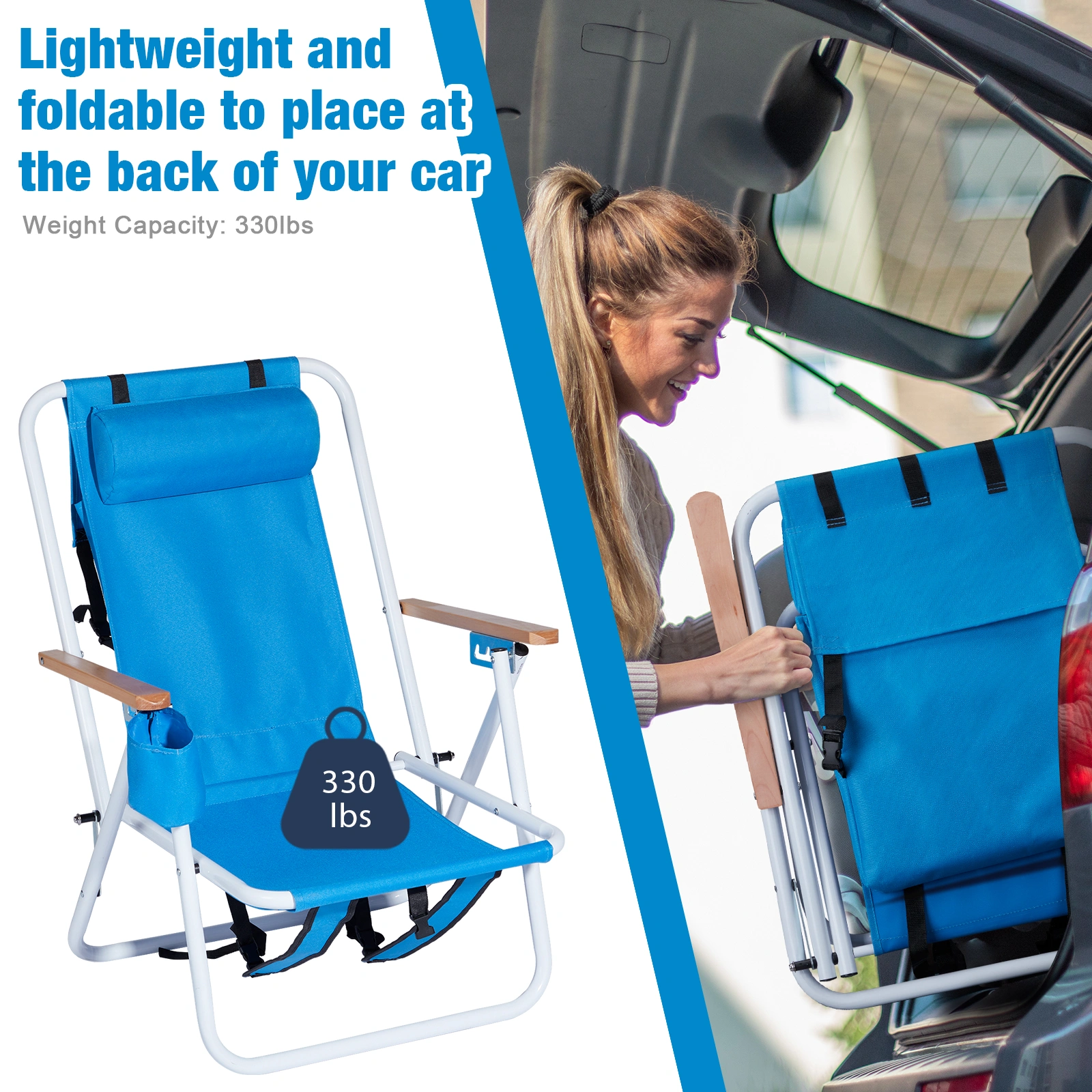 Folding Beach Chair Set of 2 for Adults, 4 Position Portable Backpack Foldable Camping Chair with Headrest Cup Holder Wooden Armrests, Blue, 53764266 view 3