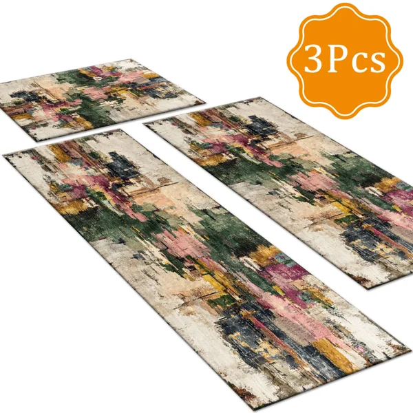 Three-piece kitchen rug set, non-slip and washable, abstract pattern kitchen hallway rug, soft and comfortable, suitable for sinks, floors, entrances, hallways and bathrooms. view 2