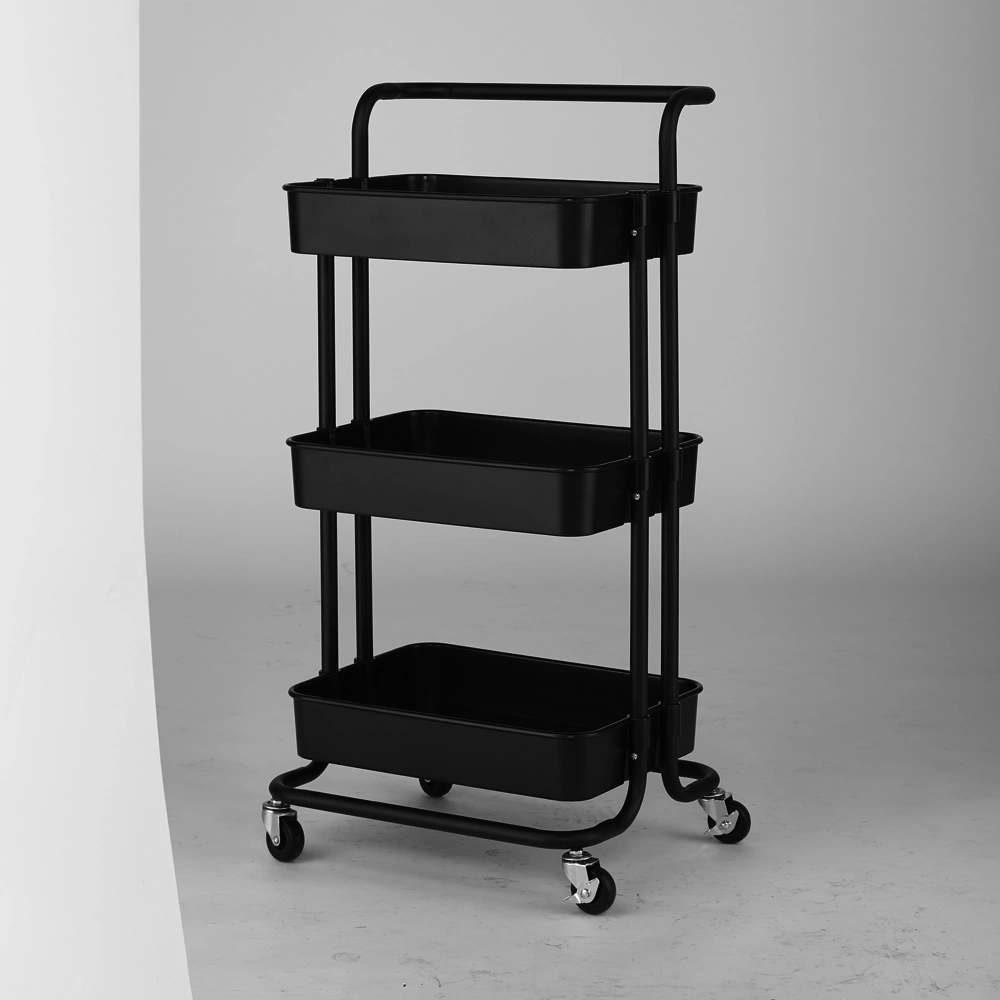 3-Tier Rolling Utility Cart for Kitchen Home Storage, Metal & ABS, Black view 3